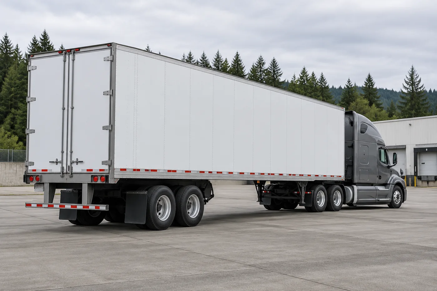 AI-generated graphite American semi-truck and white trailer at a Washington-inspired freight terminal
