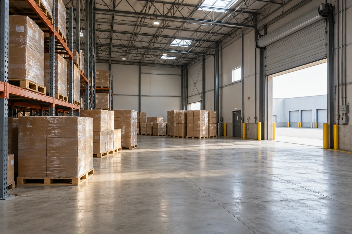AI-generated American warehouse loading bay with wrapped pallets of cartons