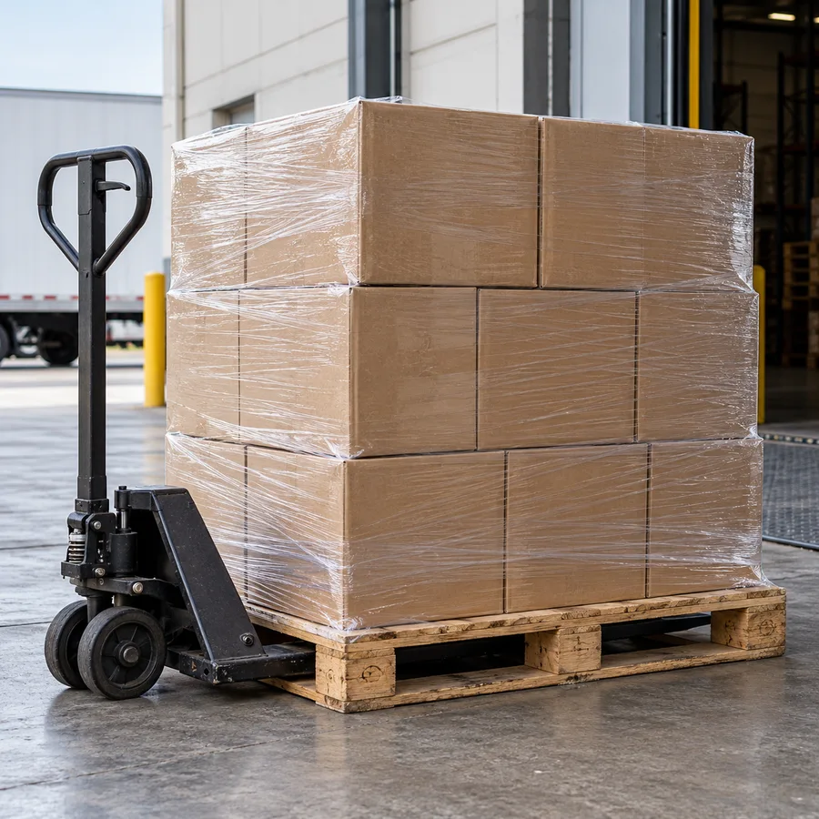 AI-generated wrapped cartons on a wooden pallet beside a manual pallet jack